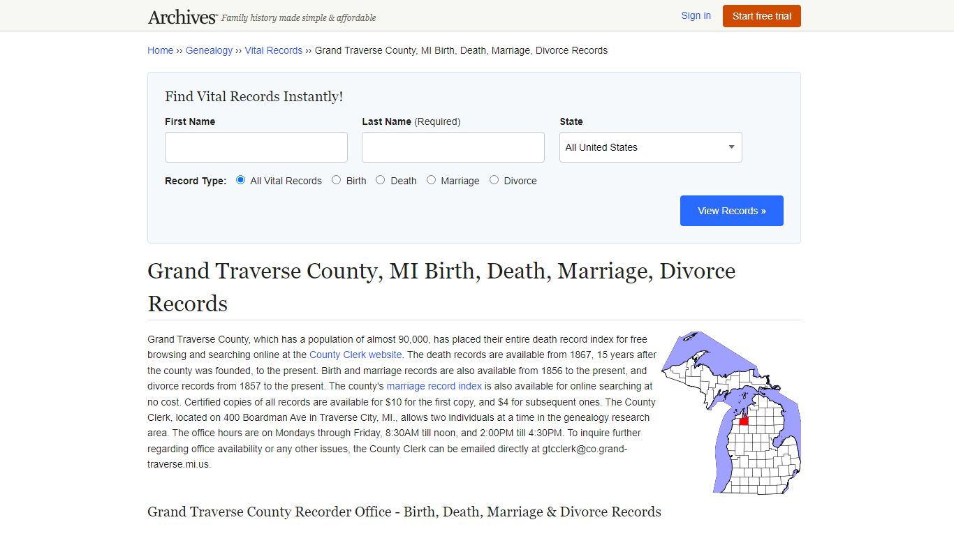 Grand Traverse County, MI Birth, Death, Marriage, Divorce ...